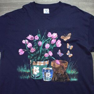 Vintage College Ware USA Cat Flower Pot Print T Shirt Single Stitch XL Blue